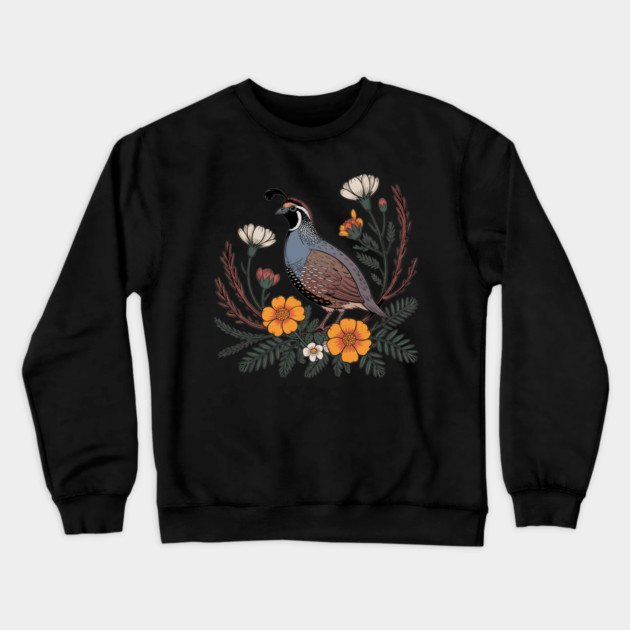 Vintage Quail with California Wildflowers Crewneck Sweatshirt by BirdsnStuff