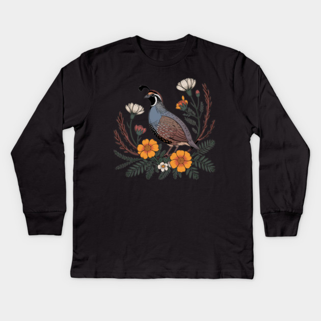 Vintage Quail with California Wildflowers Kids Long Sleeve T-Shirt by BirdsnStuff