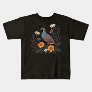 Vintage Quail with California Wildflowers Kids T-Shirt