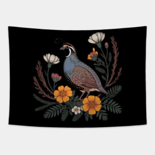 Vintage Quail with California Wildflowers Tapestry