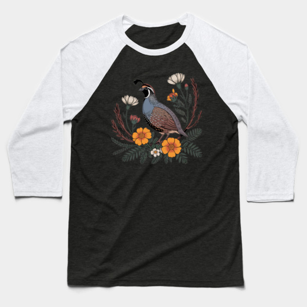 Vintage Quail with California Wildflowers Baseball T-Shirt by BirdsnStuff