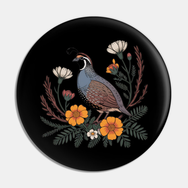 Vintage Quail with California Wildflowers Pin by BirdsnStuff