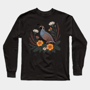 Vintage Quail with California Wildflowers Long Sleeve T-Shirt