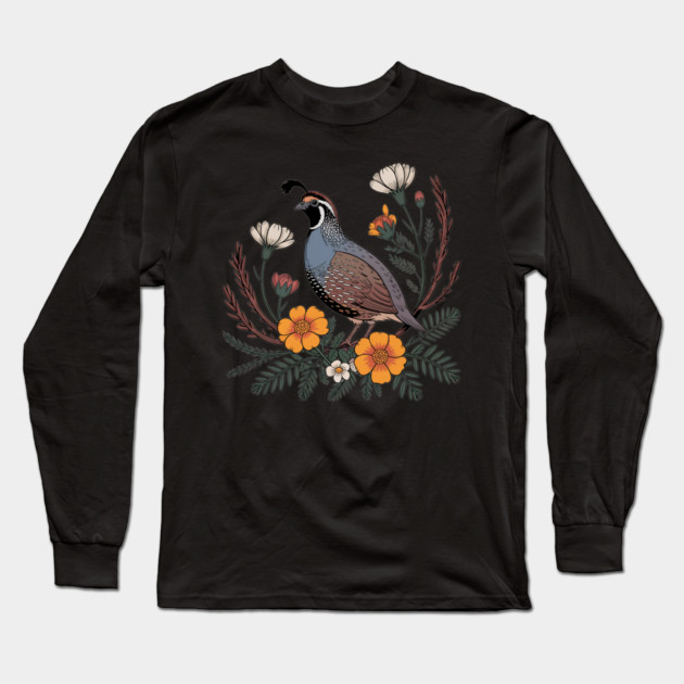 Vintage Quail with California Wildflowers Long Sleeve T-Shirt by BirdsnStuff