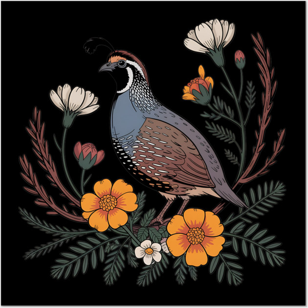 Vintage Quail with California Wildflowers Wall Art by BirdsnStuff