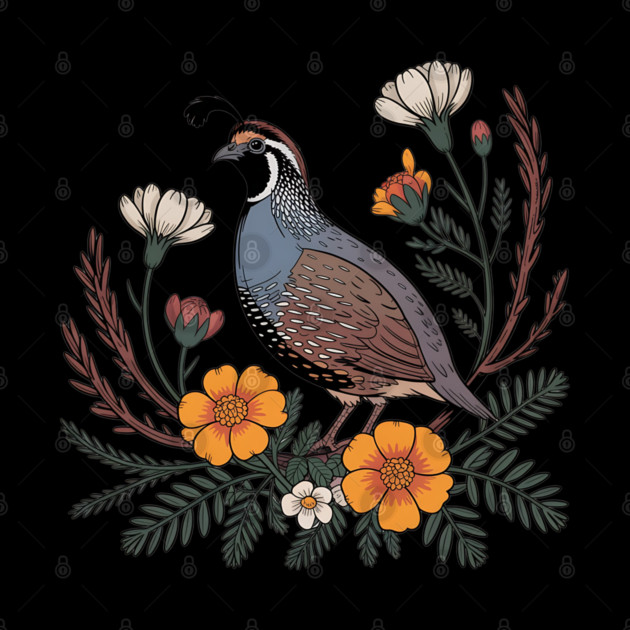 Vintage Quail with California Wildflowers by BirdsnStuff