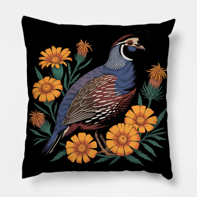 Vintage Quail with California Wildflowers Pillow by BirdsnStuff