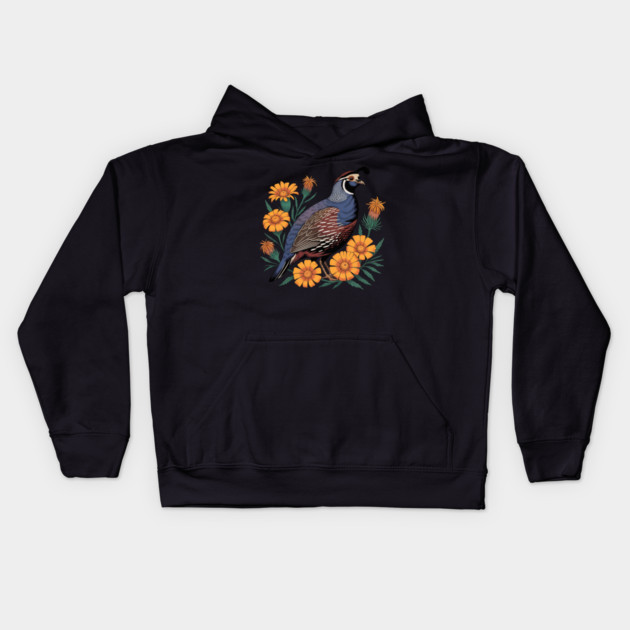 Vintage Quail with California Wildflowers Kids Hoodie by BirdsnStuff
