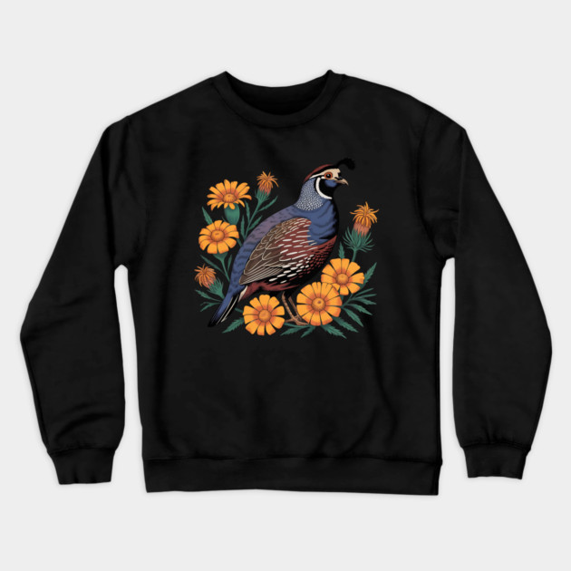 Vintage Quail with California Wildflowers Crewneck Sweatshirt by BirdsnStuff