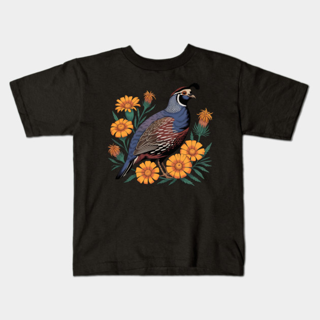 Vintage Quail with California Wildflowers Kids T-Shirt by BirdsnStuff