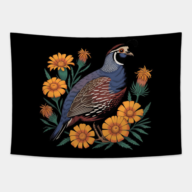 Vintage Quail with California Wildflowers Tapestry by BirdsnStuff