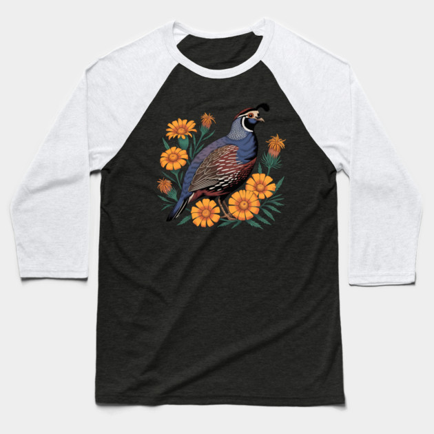 Vintage Quail with California Wildflowers Baseball T-Shirt by BirdsnStuff