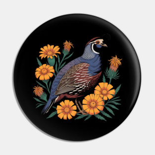 Vintage Quail with California Wildflowers Pin