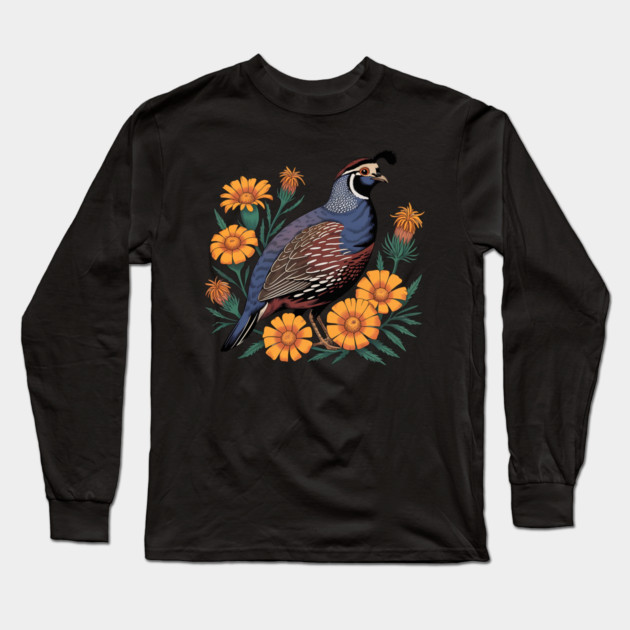 Vintage Quail with California Wildflowers Long Sleeve T-Shirt by BirdsnStuff