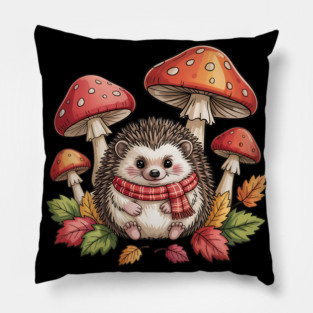 Cozy Hedgehog with Mushrooms and Autumn Leaves Pillow