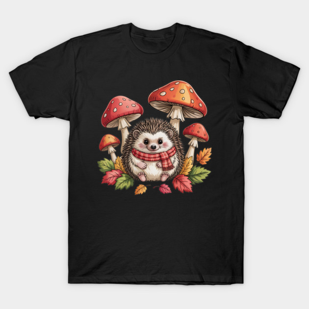 Cozy Hedgehog with Mushrooms and Autumn Leaves T-Shirt by BirdsnStuff