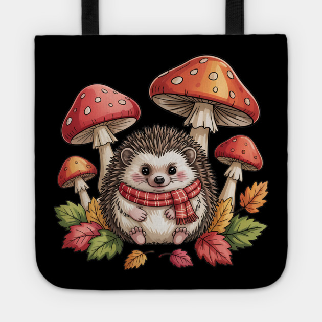 Cozy Hedgehog with Mushrooms and Autumn Leaves Tote by BirdsnStuff
