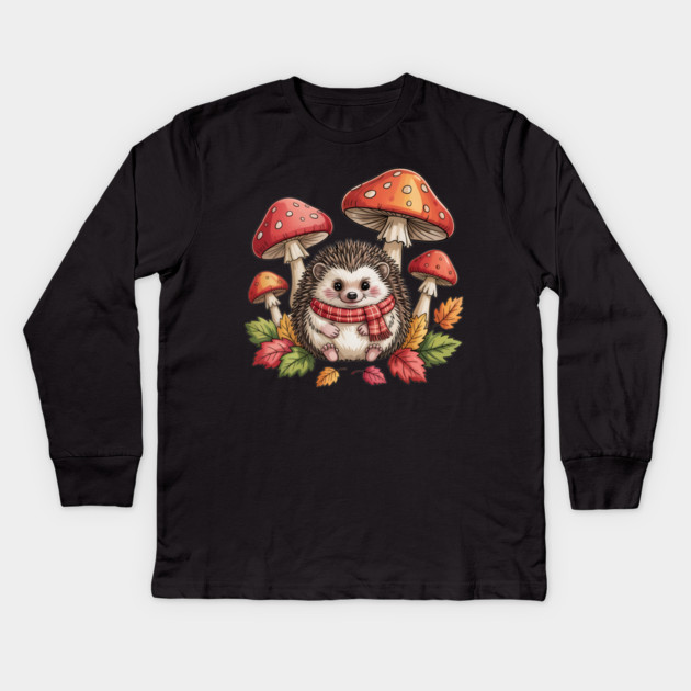 Cozy Hedgehog with Mushrooms and Autumn Leaves Kids Long Sleeve T-Shirt by BirdsnStuff
