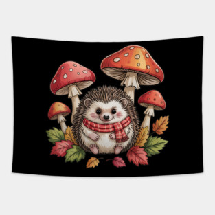Cozy Hedgehog with Mushrooms and Autumn Leaves Tapestry