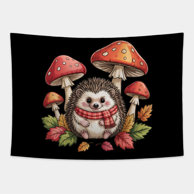 Cozy Hedgehog with Mushrooms and Autumn Leaves Tapestry by BirdsnStuff