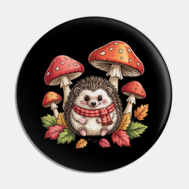 Cozy Hedgehog with Mushrooms and Autumn Leaves Pin by BirdsnStuff
