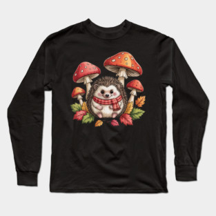 Cozy Hedgehog with Mushrooms and Autumn Leaves Long Sleeve T-Shirt
