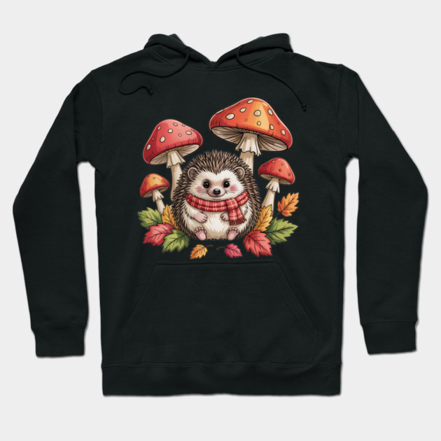 Cozy Hedgehog with Mushrooms and Autumn Leaves Hoodie by BirdsnStuff