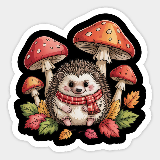 Cozy Hedgehog with Mushrooms and Autumn Leaves Magnet by BirdsnStuff