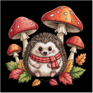 Cozy Hedgehog with Mushrooms and Autumn Leaves Posters and Art