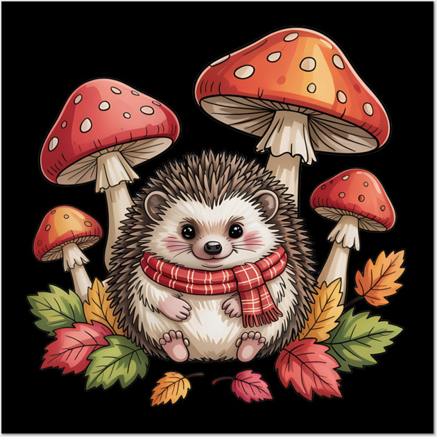 Cozy Hedgehog with Mushrooms and Autumn Leaves Wall Art by BirdsnStuff