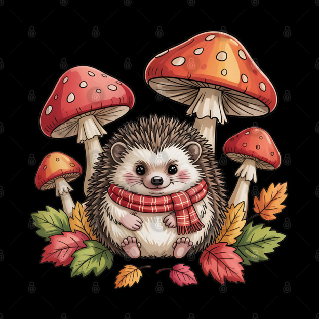 Cozy Hedgehog with Mushrooms and Autumn Leaves by BirdsnStuff