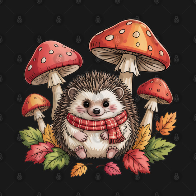 Cozy Hedgehog with Mushrooms and Autumn Leaves by BirdsnStuff