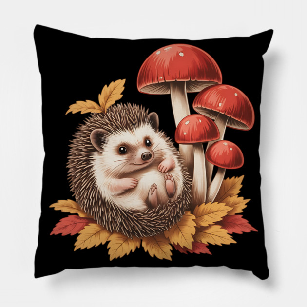 Cozy Hedgehog with Mushrooms and Autumn Leaves 2 Pillow by BirdsnStuff