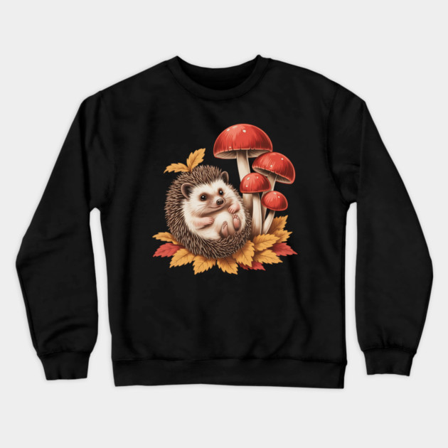 Cozy Hedgehog with Mushrooms and Autumn Leaves 2 Crewneck Sweatshirt by BirdsnStuff