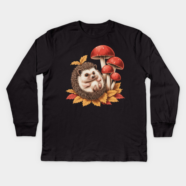 Cozy Hedgehog with Mushrooms and Autumn Leaves 2 Kids Long Sleeve T-Shirt by BirdsnStuff