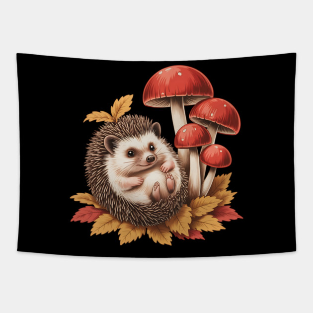 Cozy Hedgehog with Mushrooms and Autumn Leaves 2 Tapestry by BirdsnStuff