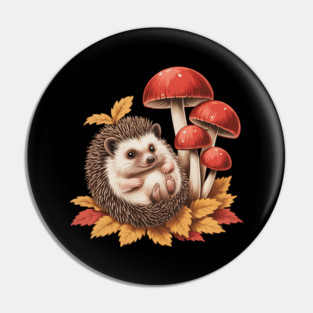 Cozy Hedgehog with Mushrooms and Autumn Leaves 2 Pin