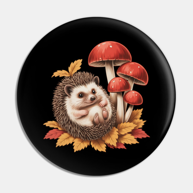 Cozy Hedgehog with Mushrooms and Autumn Leaves 2 Pin by BirdsnStuff