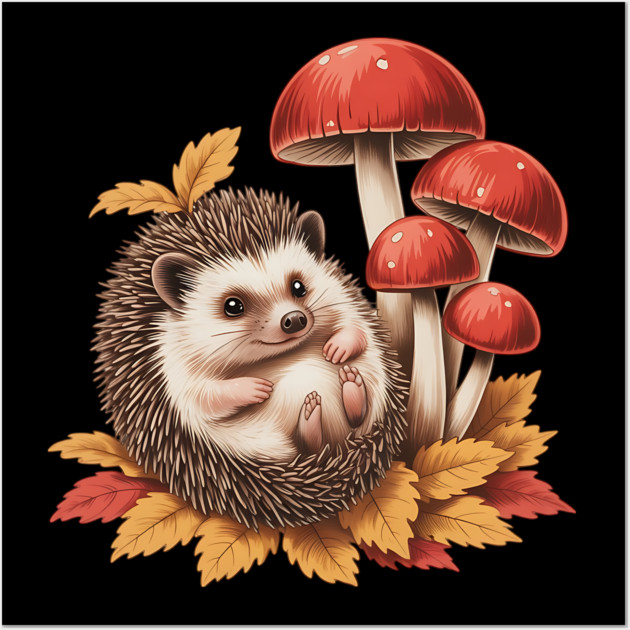 Cozy Hedgehog with Mushrooms and Autumn Leaves 2 Wall Art by BirdsnStuff