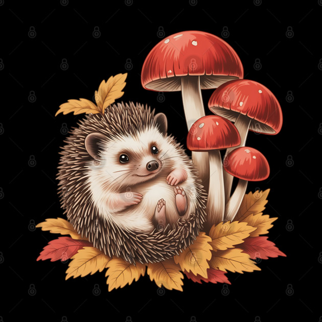 Cozy Hedgehog with Mushrooms and Autumn Leaves 2 by BirdsnStuff