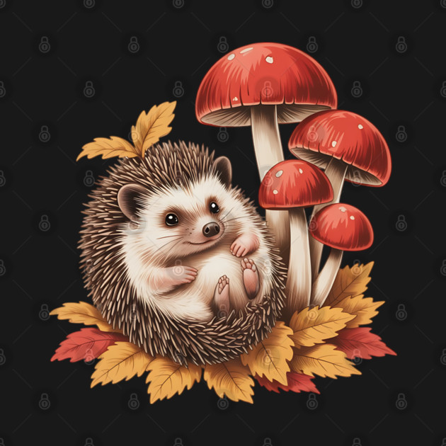 Cozy Hedgehog with Mushrooms and Autumn Leaves 2 by BirdsnStuff