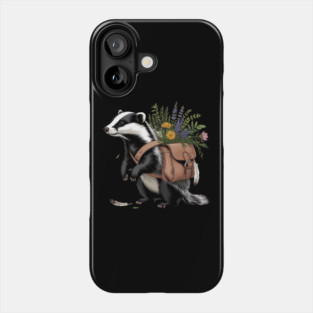 Cottagecore Badger with Wildflowers and Leather Satchel Phone Case