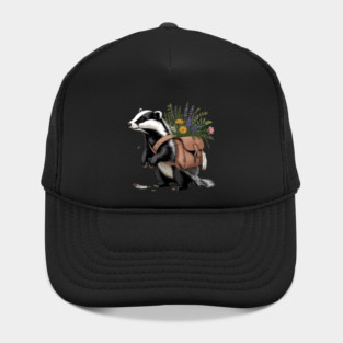 Cottagecore Badger with Wildflowers and Leather Satchel Hat