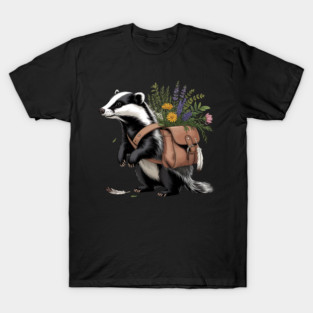 Cottagecore Badger with Wildflowers and Leather Satchel T-Shirt