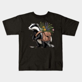 Cottagecore Badger with Wildflowers and Leather Satchel Kids T-Shirt