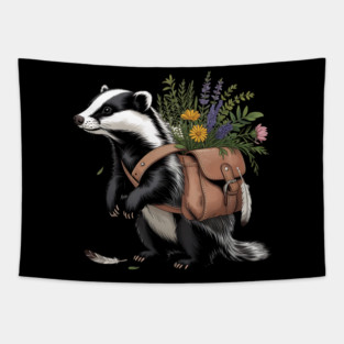 Cottagecore Badger with Wildflowers and Leather Satchel Tapestry