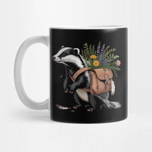 Cottagecore Badger with Wildflowers and Leather Satchel Mug
