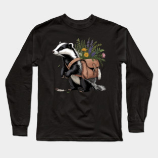 Cottagecore Badger with Wildflowers and Leather Satchel Long Sleeve T-Shirt