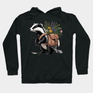 Cottagecore Badger with Wildflowers and Leather Satchel Hoodie