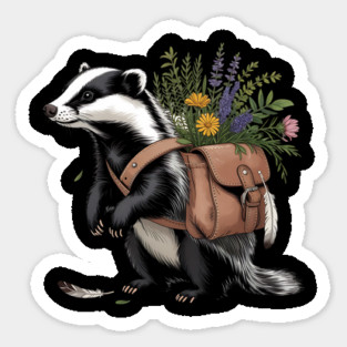 Cottagecore Badger with Wildflowers and Leather Satchel Magnet